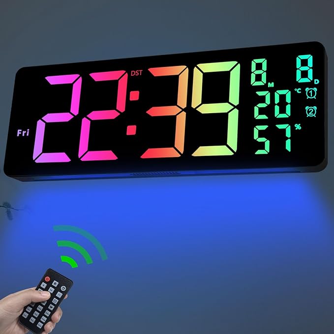 JoFomp 17.3" Large Digital Wall Clock, LED Digital Clock Large Display with Remote Control, Alarm Clock with Temp/DST/Dimmer/Humidity/Timer/Ambient Light - 12/24H, Alarm Wall Clock for Bedroom by JoFomp