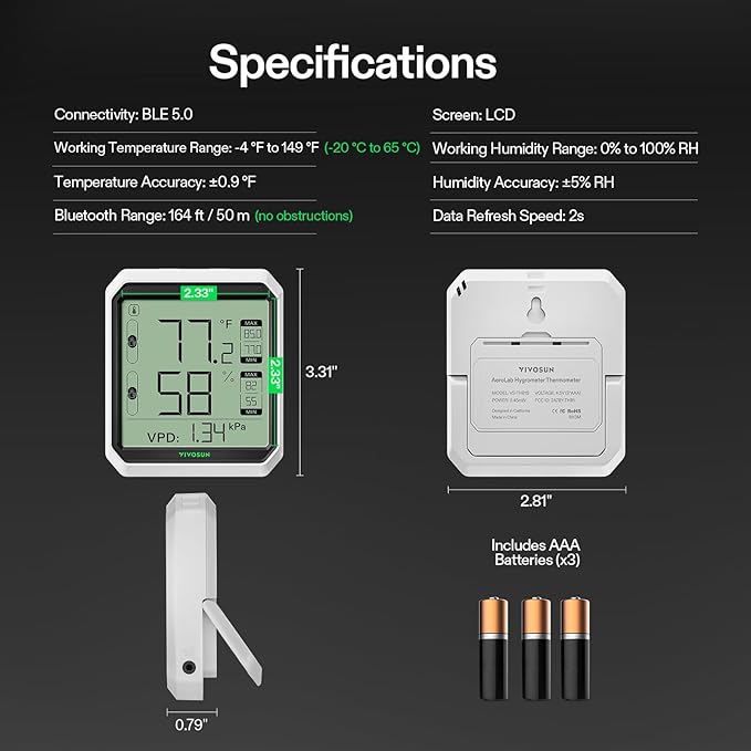 VIVOSUN AeroLab THB1 Wireless Bluetooth Hygrometer Thermometer Indoor, Smart Temperature Monitor, VPD, Digital Humidity Meter, LCD Remote Control & Alert, Data Storage, Dual Channels, Battery Included - Image 3