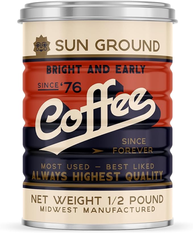 Retro Tin Can, Studio MPLS Designs, Collectable, Peel & Stick Valved End with Metal Lid, 8-12oz (4.0625 x 5.5 in) (Sun Ground Design) by Roastar