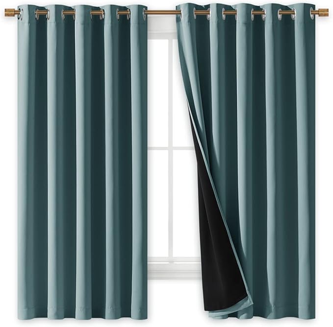 NICETOWN 100% Blackout Lined Curtains, 2 Thick Layers Completely Blackout Window Treatment Thermal Insulated Drapes for Kitchen/Bedroom (Greyish Blue, 1 Pair, 70" Width x 63" Length Each Panel) - Image 2