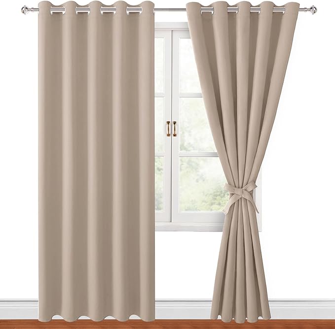 Hiasan Blackout Curtains for Bedroom, 60 x 84 Inches Long - Thermal Insulated & Light Blocking Window Curtains for Living Room/Kids Room, 2 Drape Panels Sewn with Tiebacks, Camel by Hiasan