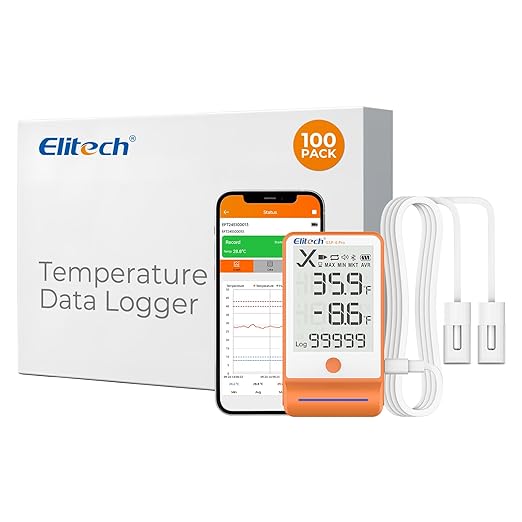Elitech 100Pack Bluetooth Thermometer Data Logger Temperature for Refrigerator with Shadow Data 100000 Point Export PDF/CSV Report, Pharmacy Vaccine DDL Certificate, MAX MIN with Dual Probe GSP-6G-TDE by Elitech