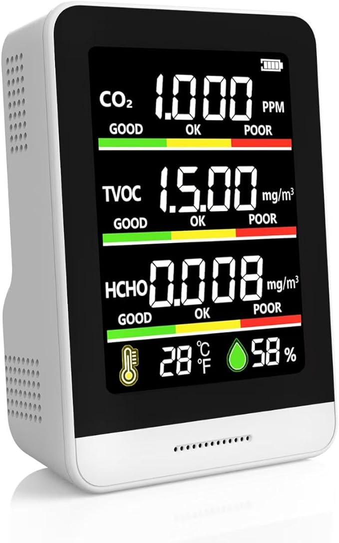 Air Quality Monitor Indoor,8-in-1 Smart Air Quality Tester with CO2, TVOC, HCHO, AQI, Temperature & Humidity, Real Time Display, Battery Powered, for Home & Office (White) by Unknown