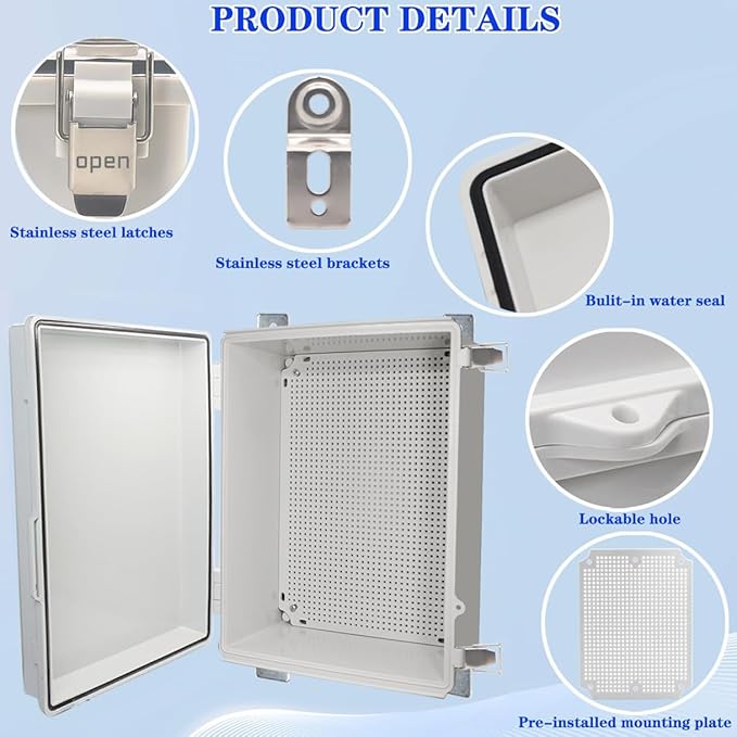 Waterproof Outdoor Electrical Box Junction Box Weatherproof IP67 ABS Plastic Enclosure Switch Router Project Box with Mounting Plate with Wall Bracket 2 Cable Glands Grey 16" x 12" x 7" - Image 3