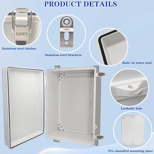 Waterproof Electrical Box, IP67 Junction Box Stainless Steel Latch Hinged Grey Cover Project Enclosure with Wall Bracket 16.1"x12.2"x7.1" - Image 3