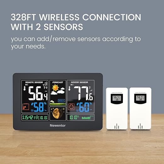 Newentor Weather Station Wireless Indoor Outdoor Thermometer, Color Display Digital Weather Thermometer with Atomic Clock, Barometric Pressure, Forecast Station with Adjustable Backlight,Black,2Sensor - Image 2