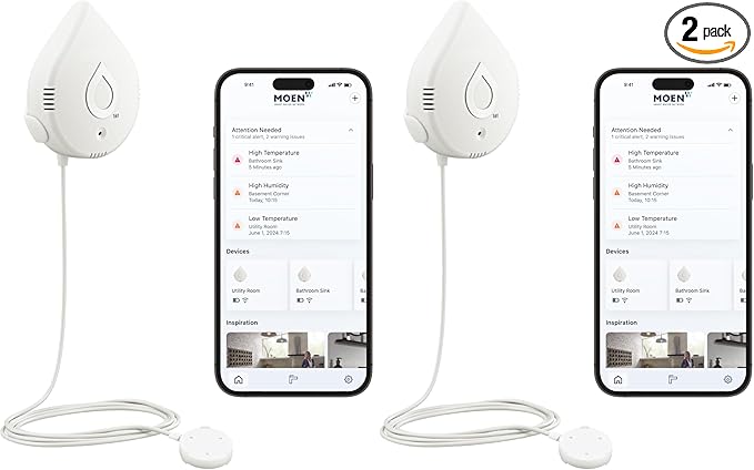Moen Flo Smart Water Leak Detector, Drip or Flood Sensor Alarm for Home, 2-Pack, White, 920-004 by Moen