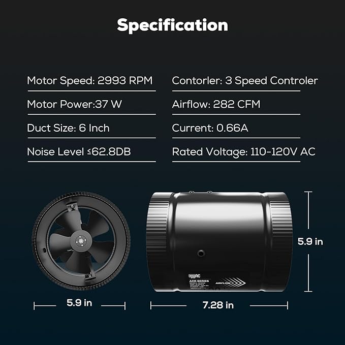 6 Inch Inline Duct Fan with Speed Controller - 282CFM High Airflow, Ultra Quiet 62.8dB for Grow Tents, Hydroponics, Ventilation, Exhaust - Energy Efficient 37W Inline Exhaust Fan - Image 8