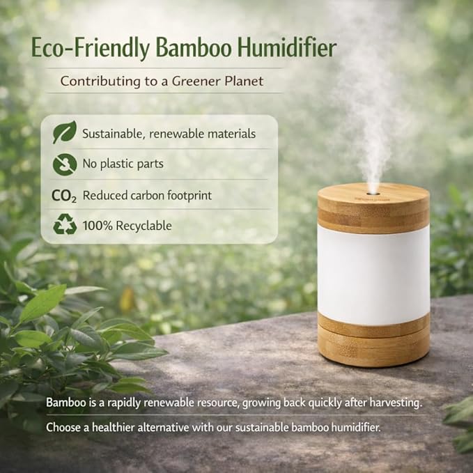 Bamboo Ultrasonic Mini Humidifier, 400ml Quiet Desktop Humidifier with Dual LED Night Light, USB-C Powered, Auto Shut-Off, Portable Small Room Air Moisturizer for Bedroom, Desk, Office & Travel - Image 4