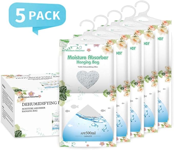CANAGER Hanging Moisture Absorber,Hanging Dehumidifier Bags for Closet,Bedroom and Kitchen,Fragrance Free-5 Packs,Moisture Absorb 12.5OZ - Image 2