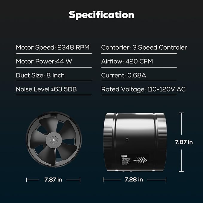 8 Inch Inline Duct Fan with Speed Controller - 420CFM High Airflow, Ultra Quiet 63.5dB for Grow Tents, Hydroponics, Ventilation, Exhaust - Energy Efficient 44W Inline Exhaust Fan - Image 7