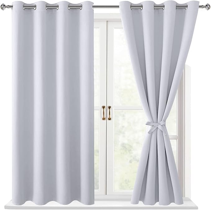Hiasan Blackout Curtains for Bedroom - Thermal Insulated & Energy Saving Window Curtains for Living Room/Kids Room, 2 Drape Panels Sewn with Tiebacks, Greyish White, 52 x 45 Inch by Hiasan