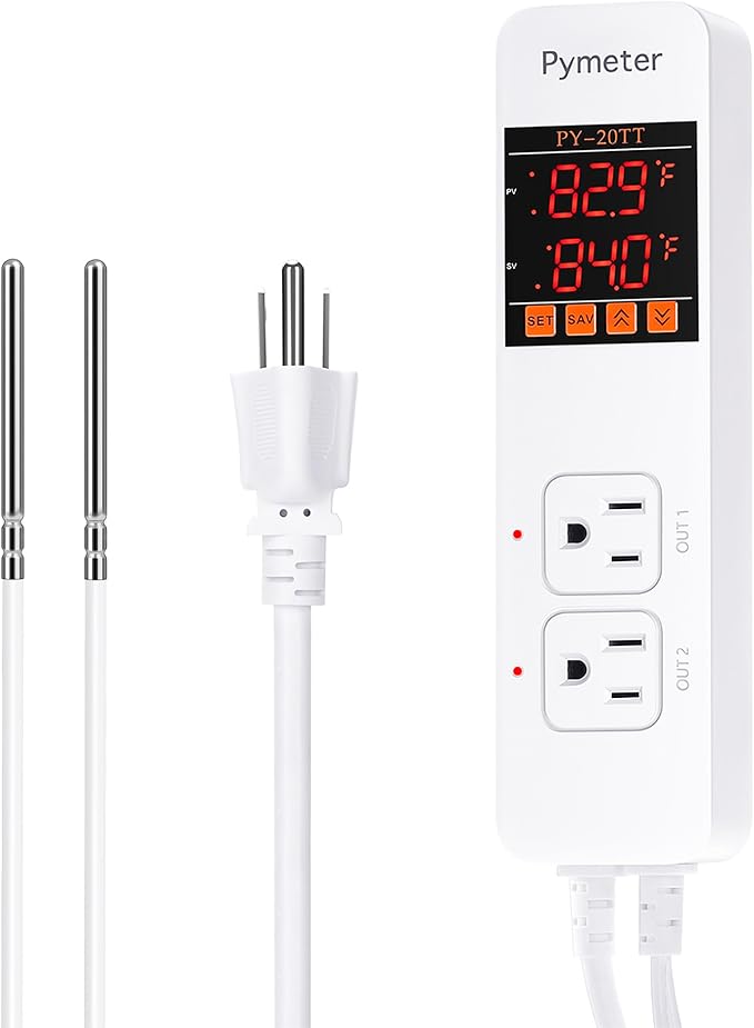 Digital Temperature Controller Dual Probe Reptile Thermostat Controlled Outlet for Terrarium Heat Mat Heating Pad, Switch Cooling Fan Freezer Fridge ON & Off at Setpoints 10A 1200W by Pymeter