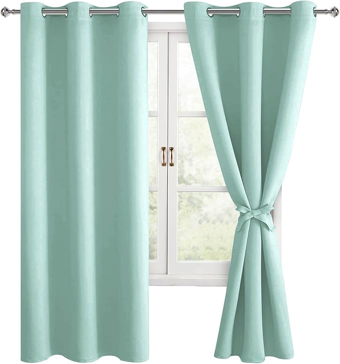 Hiasan Room Darkening Curtains for Bedroom, Noise Reducing, Energy Saving Blackout Window Curtain Panels, Sewn with Tiebacks, Set of 2, Grommet Top (Aqua, Width 38 Inch x Length 72 Inch) by Hiasan