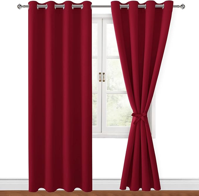 Hiasan Blackout Curtains for Bedroom, 52 x 96 Inches Long - Thermal Insulated & Light Blocking Window Curtains for Living Room, 2 Drape Panels Sewn with Tiebacks, Christmas Red by Hiasan