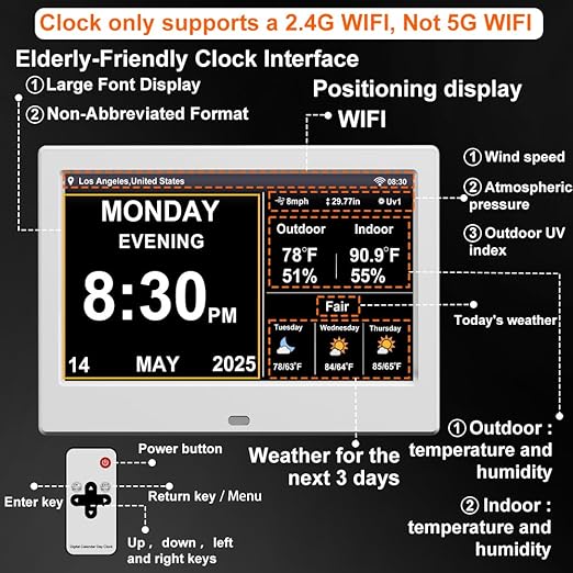 2025 New Digital Clock with Temperature/Humidity & Weather Forecast, Auto Time Sync Large Display, Custom Alarms & Medication Reminders, Ideal for Elderly(White, 7-Inch) - Image 2