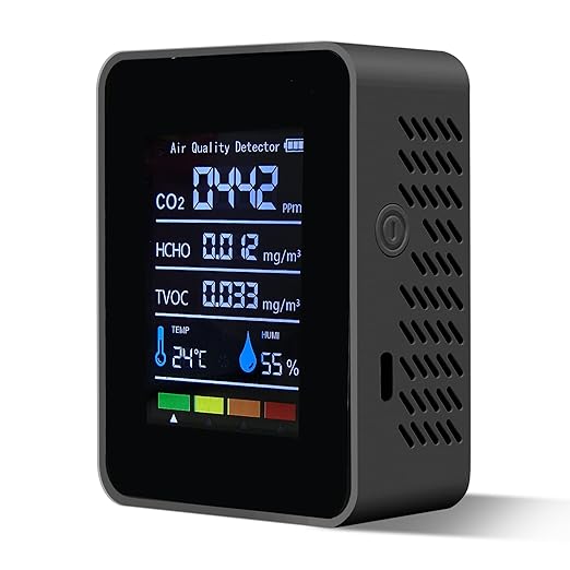 5 in 1 Indoor Air Quality Monitor, Portable Smartair Quality Tester for CO2 | TVOC | HCHO | Temp | Hum, Air Quality Test for Home, Office, School, Hotel, Car (Black) by Unknown