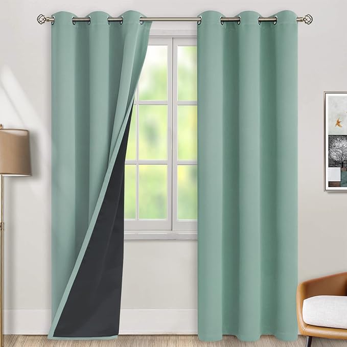 BGment Thermal Insulated 100% Blackout Curtains for Bedroom with Black Liner, Double Layer Full Room Darkening Noise Reducing Grommet Curtain (38 x 84 Inch, Frosty Green, 2 Panels) by BGment
