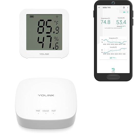YoLink Indoor Hygrometer Thermometer, 2-Year Data Storage Export, Advanced Offline Storage, LoRa Tech, App Push, Email, SMS, Hub Included by YoLink