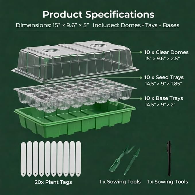Gardzen 10 Pack 40 Cell BPA Free Seed Starter Tray Kit - Reusable Plant Germination Trays with Adjustable Vents, Sowing Tool & Labeling Set for Indoor Gardening Vegetables Herbs Flowers - Image 2