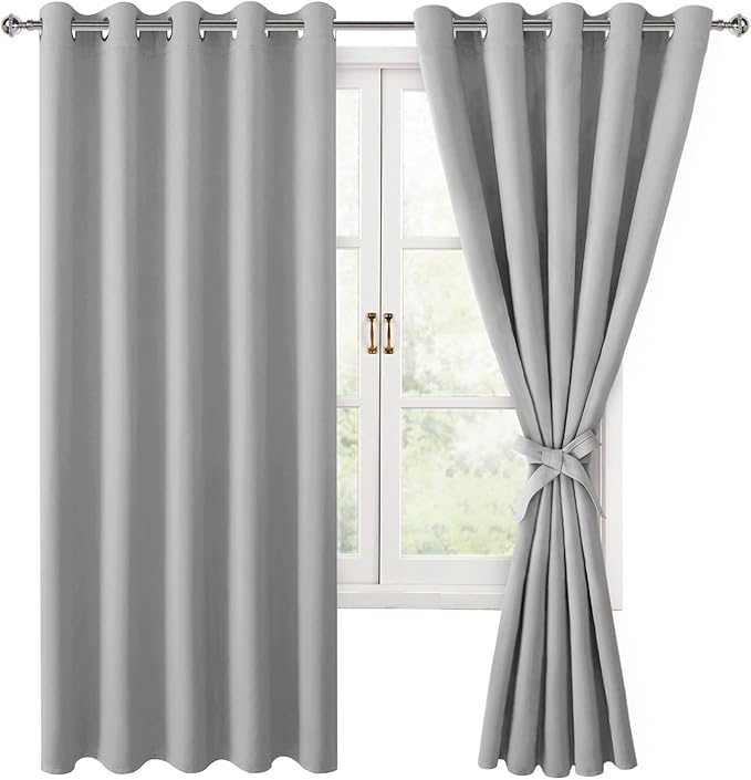 Hiasan Grommet Blackout Curtains for Bedroom, 60 x 72 Inches - Thermal Insulated & Light Blocking Window Drapes for Living Room/Dorm Room, Set of 2 Panels Sewn with Tiebacks, Silver Grey by Hiasan
