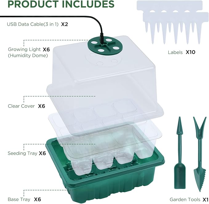 Seedfactor Seed Starter Tray with Light, 6PCS Seed Starter Kit with Grow Light, Seedling Starter Trays with Humidity Domes, Covers Height 3.9", Indoor Gardening Plant Germination Trays - Image 4