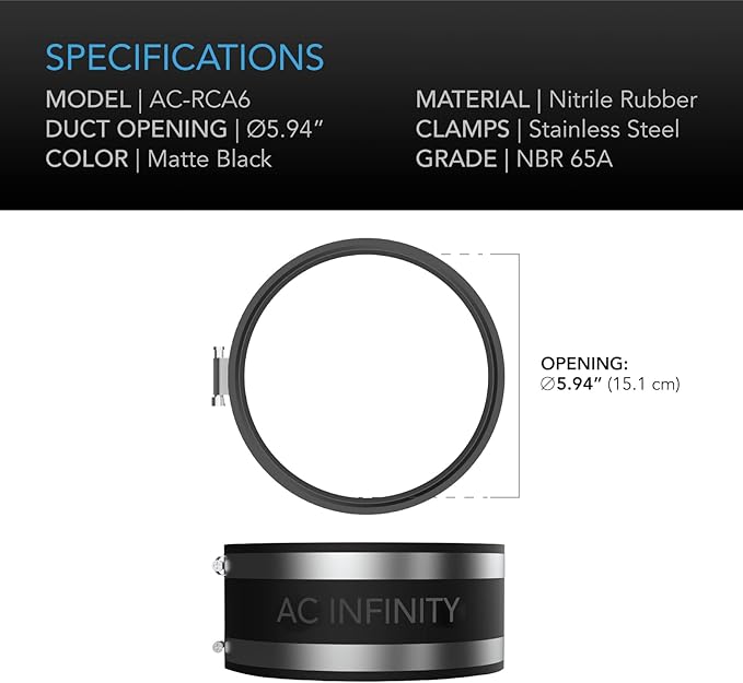 AC Infinity Noise Reduction Clamp 6-Inch, Duct Coupler with Stainless Steel Clamps, Flexible Rubber Coupling for Inline Fans and Carbon Filters in Growing and HVAC (Pack of 2) - Image 5