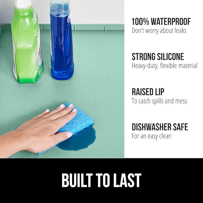 GORILLA GRIP Waterproof Silicone Under Sink Mat with Raised Lip for Kitchen and Bathroom, Cabinet Shelf Liner Stay in Place Mats Dishwasher Safe Drawer Liner, Organizer Tray, 15 x 22 in, Mint - Image 2