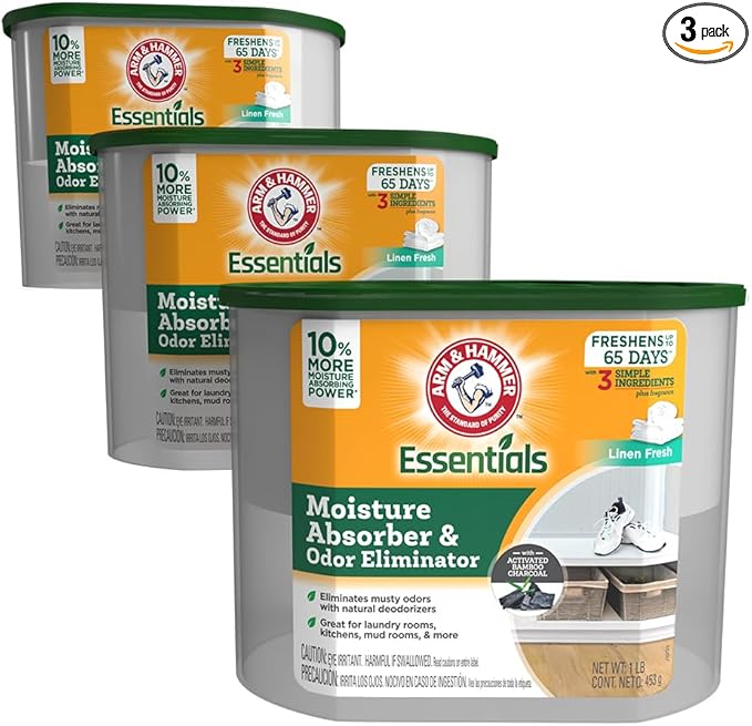 Arm & Hammer Essentials Disposable Moisture Absorber and Odor Eliminator Tub, Linen Fresh, 1 lb., 3-Pack, Attracts and Traps Excess Moisture, Ideal Closet Non-Electric Dehumidifier by ARMHAMMER