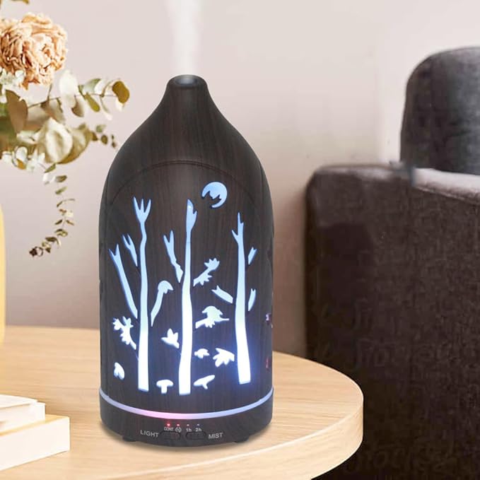 Essential Oil Diffuser,7.1''x3.5'' Air Diffusers with 3 Aromatherapy Oils Set,Small 200ml Humidifier with 7 LED Colors Lights,Waterless Auto-Off for Desk Office Home Decor Gift(Tree Dark Wood Grain) - Image 6