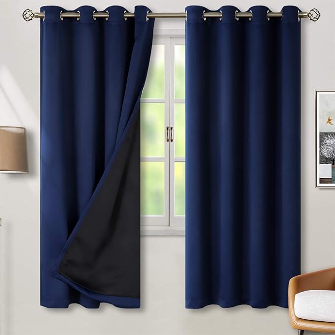BGment Thermal Insulated 100% Blackout Curtains for Bedroom with Black Liner, Double Layer Full Room Darkening Noise Reducing Grommet Curtain (52 x 72 Inch, Navy Blue, 2 Panels) by BGment