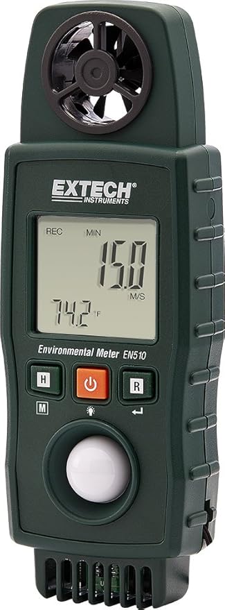 Extech EN510 10-in-1 Environmental Meter - Measures Air Velocity, Light, Sound, Temperature, Humidity, Dew Point, Wet Bulb, Heat Index, Wind Chill, Portable Multi-Function Tester with Backlit LCD - Image 2