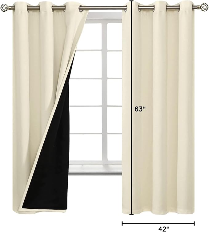 BGment Cream 100% Blackout Curtains for Bedroom 63 Inch Length 2 Panels Set, Thermal Insulated Full Light Blocking Grommet Noise Cancelling Window Curtains&Drapes with Black Liner, 42 Inch Wide Each - Image 9