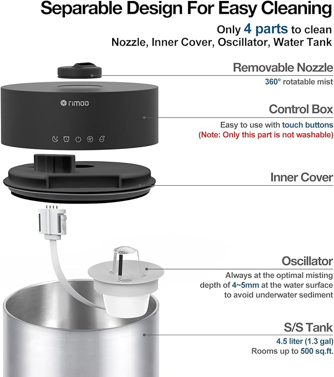 4.5L Humidifiers for Bedroom Large Room, Ultrasonic Cool Mist Humidifier with Stainless Steel Tank for Boiling Cleaning, Top Fill Humidifier with Smart Humidistat & Timer, Sleep Mode - Image 3