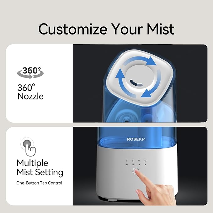 Cool Mist Humidifiers for Bedroom, 2.0L Small Humidifier for Baby and Plant, Last Up to 10H on Max Mist Setting, Auto Shut-Off, Auto-Off Indicator, 360° Nozzle - Image 6