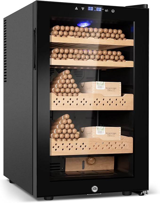 Electric Cooler Cabinet 70L with Temperature and Humidity Control, Spanish Cedar Wood Shelves and Safety Lock (500 Counts Capacity), Gift for Men by FoMup