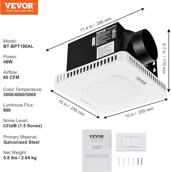 VEVOR Bathroom Exhaust Fan, 80 CFM High-Efficiency Ventilation, 1.5sones Low Noise Operation All-Copper Motor, Remote Control, Energy-Saving Bathroom Ceiling Fan, Attic Access Needed - Image 6