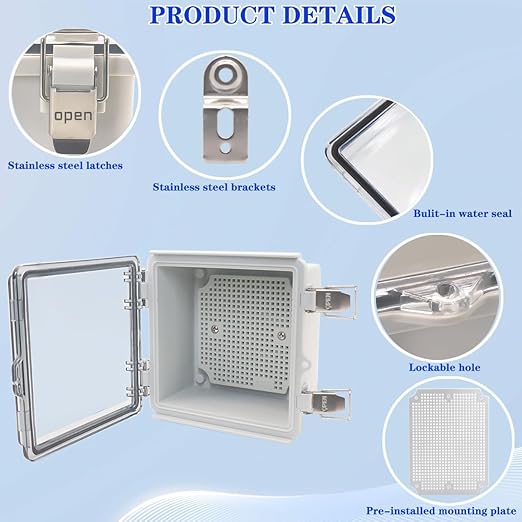 Waterproof Electrical Box, IP67 Junction Box Stainless Steel Latch Hinged Clear Cover Project Enclosure with Wall Bracket 5.9"x5.9"x3.5" - Image 3