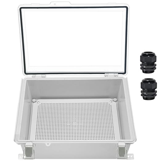 Zulkit Junction Box IP67 Waterproof Electrical Box Hinged Clear Cover Stainless Steel Latch Plastic Enclosure for Project w Mounting Plate Wall Bracket and 2 Cable Gland 13.8"x9.8"x5.9"/350x250x150mm by Zulkit