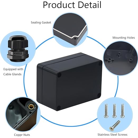 2 Packs Junction Box IP65 Waterproof ABS Plastic Electrical Project Case Power Junction Boxes, Project Box with 8 PCS M16 Cable Glands 3.94x2.68x1.97 inch(100x 68 x50 mm) - Image 5