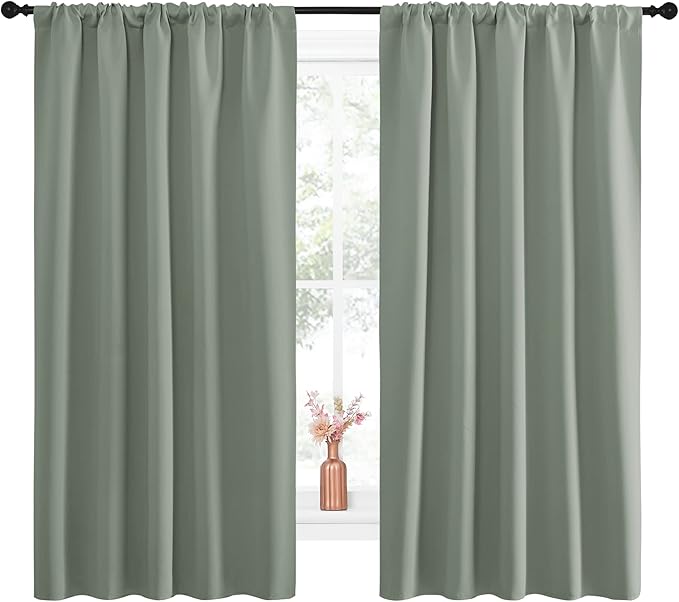 NICETOWN Window Curtains Blackout Drapes - Thermal Insulated Solid Rod Pocket Blackout Curtains/Draperies for Living Room (Greyish Green, One Pair, 52 by 63-Inch) - Image 2