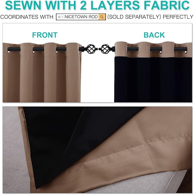 NICETOWN Bedroom Full Blackout Curtain Panels, Super Thick Insulated Window Covers, Keeping Out Cold Air and Heat 100% Blackout Blinds with Black Liner (Cappuccino, Set of 2, 52 by 54-inch) - Image 5