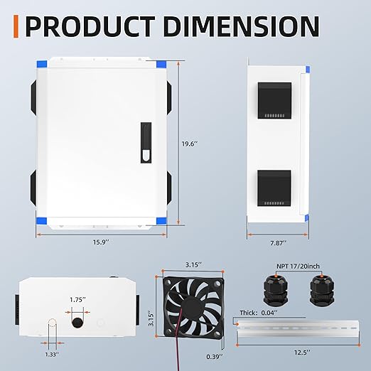 Joinfworld Outdoor Electrical Box 19.7"x15.7"x7.9" Metal Waterproof Vented Nema Enclosure with 12V Fan, Stainless Steel Junction Box with Cold Rolled Steel Plate Hinge Connection Din Rail - Image 2