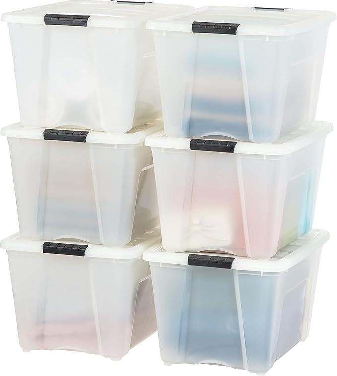 IRIS USA 54 Qt Stackable Plastic Storage Bins with Lids, 6 Pack - BPA-Free, Made in USA - Discreet Organizing Solution, Latches, Durable Nestable Containers, Secure Pull Handle - Pearl by IRISUSA