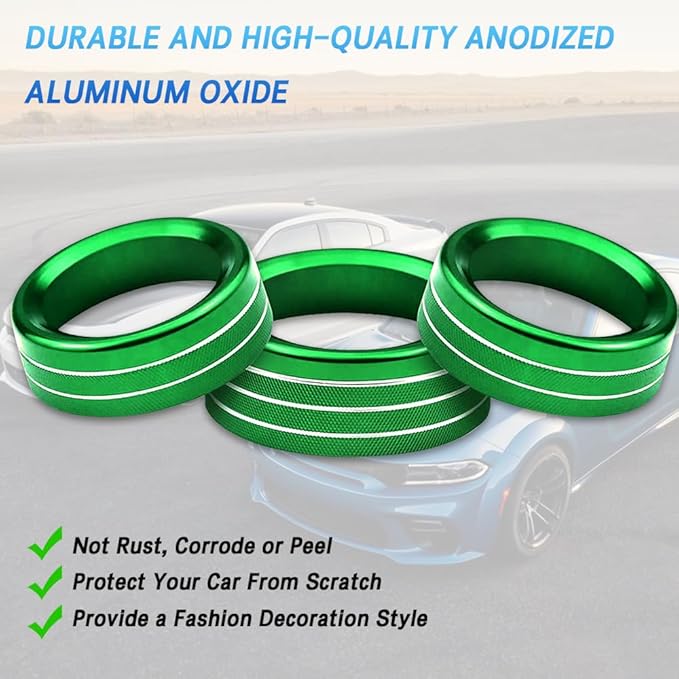 3PCS Air Conditioner Switch Button Knob Cover, Auto Accessories Climate Control Knob Covers, Aluminum Alloy Knob Ring Trim Cover Compatible with Dodge Challenger Durango 2015-2022 (Green) - Image 7