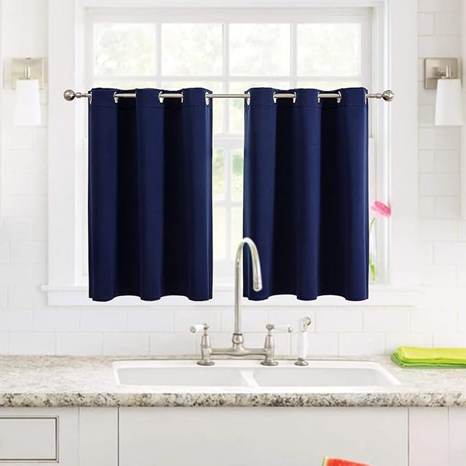 ChrisDowa Small Window Curtains for Kitchen and Bedroom - Grommet Short Thermal Insulated Room Darkening Curtains (2 Panels, Navy Blue, 34 x 36 Inch) - Image 2