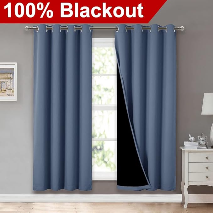 NICETOWN Full Shade Curtain Panels 72 inches Long, Pair of Energy Smart & Noise Blocking Out Blackout Drapes for Guest Room Window, Thermal Insulated Lined Window Dressing (Stone Blue, 52x72) - Image 2