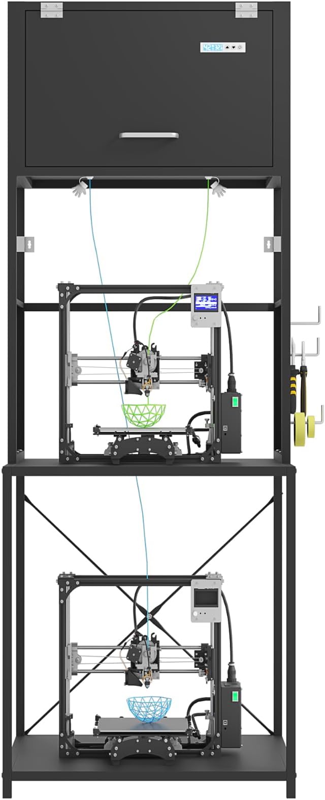 3D Printer Filament Storage Stand Rack with Dehumidifier| 3-Tier All-in-One Organizer with Tool Mounts, Dual Spool Holders | Compatible with Most 3D Printers (100LBlack) by RJOKMT
