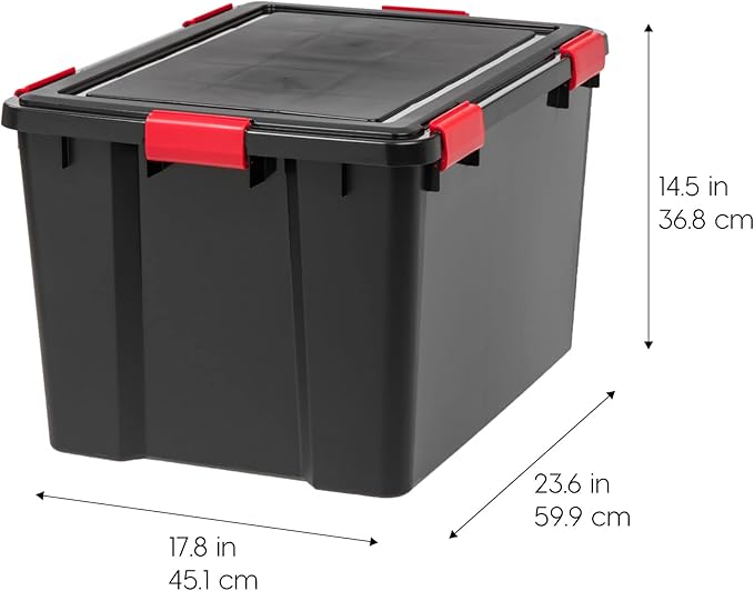 IRIS USA WeatherPro 74 Qt Storage Bins with Lids, 4 Pack, BPA-Free Plastic Gasket Box with Tight Latch and Seal, Stackable Nestable Tote Tub - Black/Red - Image 3