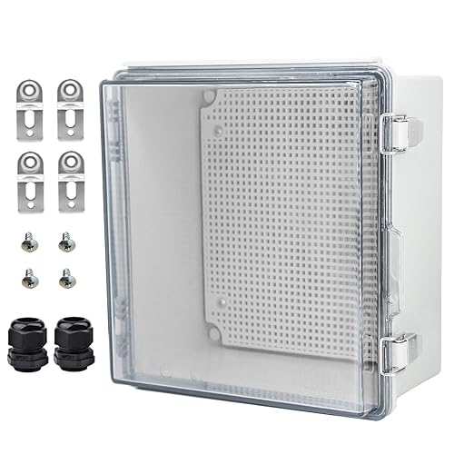 Waterproof Electrical Box with Mounting Plate, IP67 Junction Box Stainless Steel Latch Hinged Clear Cover Project Enclosure with Wall Bracket and 2 Glands 8.3" x 8.3" x 3.9" by YETLEBOX